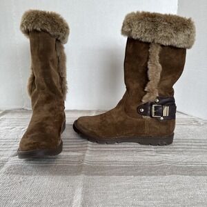 Geox Brown Suede Fur Trimmed Winter Boots Buckle Detail Women's Size 7‎